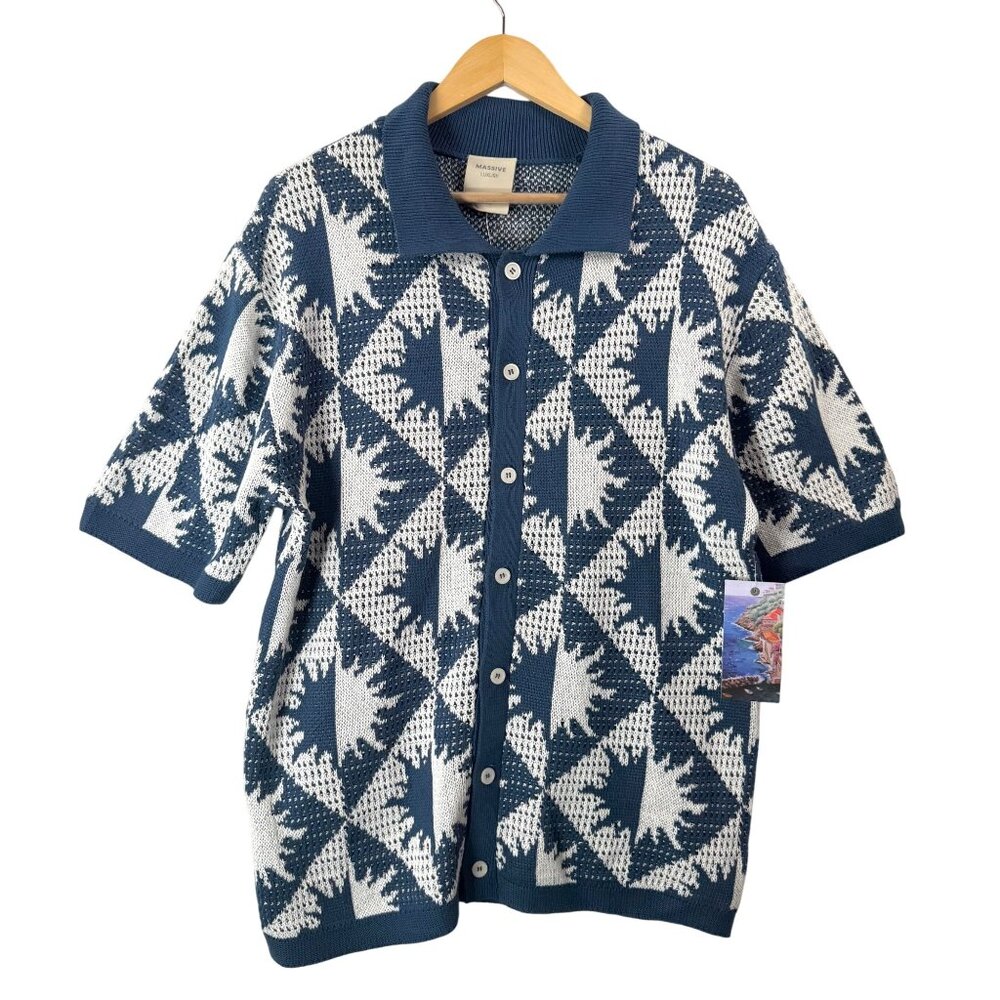 Massive Luxury Mens Crochet‎ knit grandpa cardigan blue beach sz L